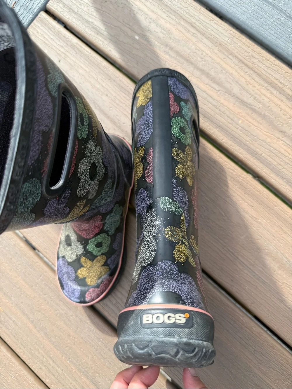 Bogs Kids Black Rain Boots with Multicolor Flowers